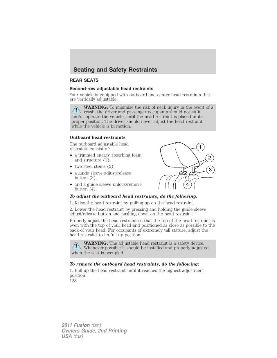 Rear seats, Second-row adjustable head restraints, Seating and safety restraints | FORD 2011 Fusion v.2 User Manual | Page 128 / 371