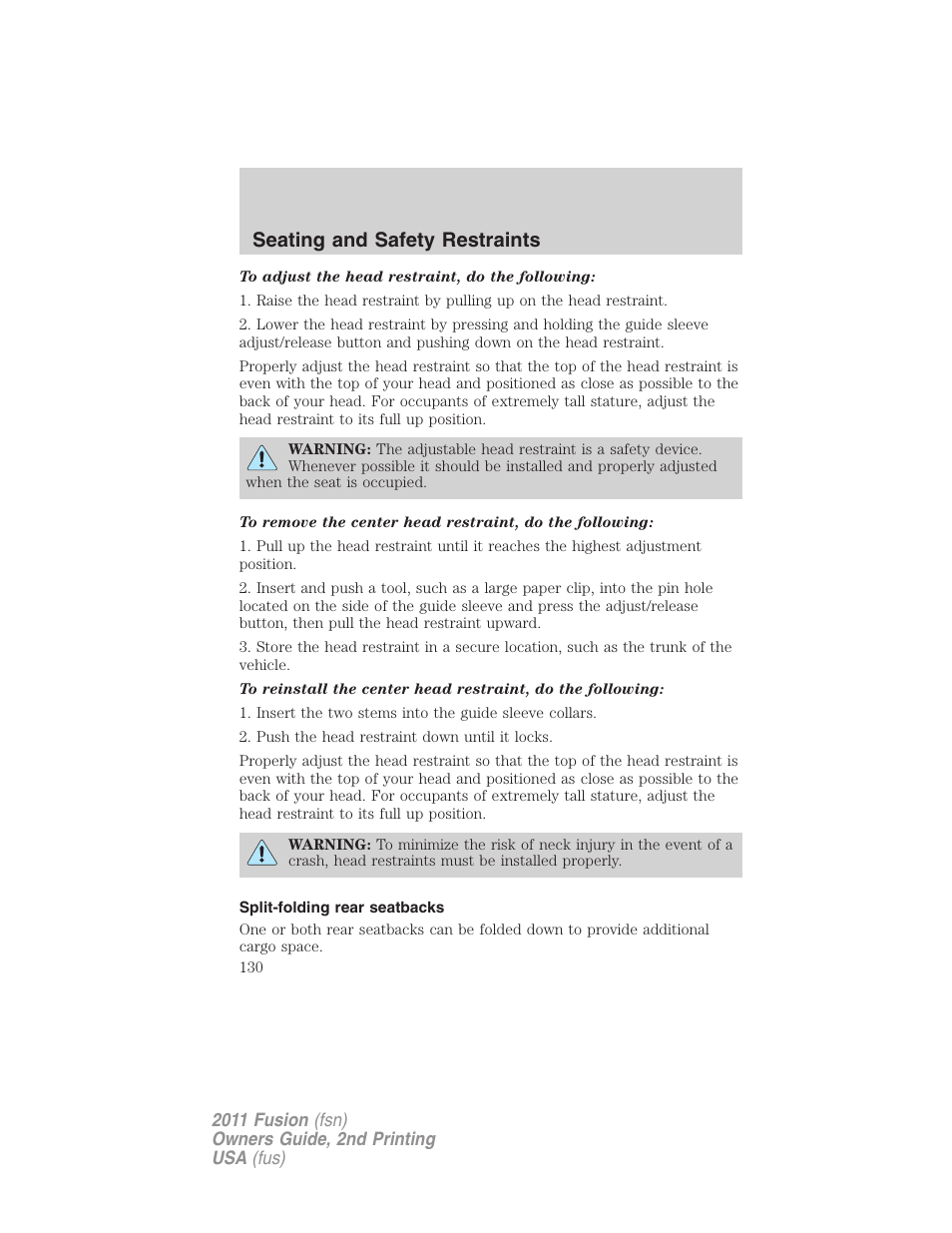 Split-folding rear seatbacks, Seating and safety restraints | FORD 2011 Fusion v.2 User Manual | Page 130 / 371