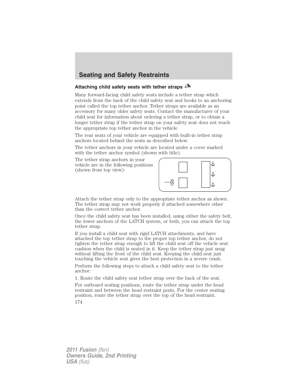 Attaching child safety seats with tether straps, Seating and safety restraints | FORD 2011 Fusion v.2 User Manual | Page 174 / 371