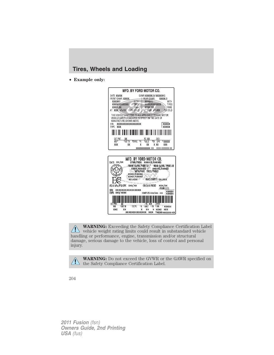 Tires, wheels and loading | FORD 2011 Fusion v.2 User Manual | Page 204 / 371