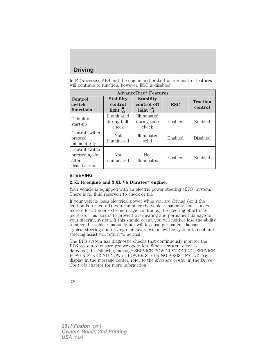 Steering, Driving | FORD 2011 Fusion v.2 User Manual | Page 220 / 371