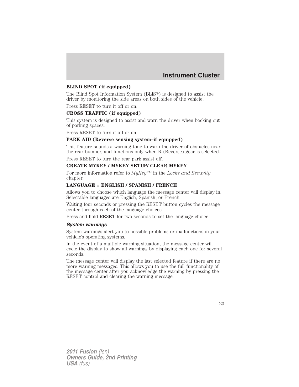 System warnings, Instrument cluster | FORD 2011 Fusion v.2 User Manual | Page 23 / 371