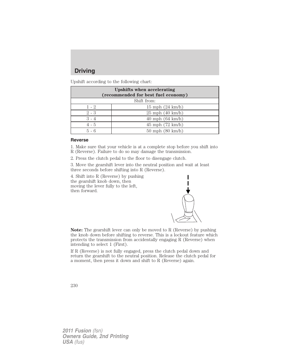 Reverse, Driving | FORD 2011 Fusion v.2 User Manual | Page 230 / 371