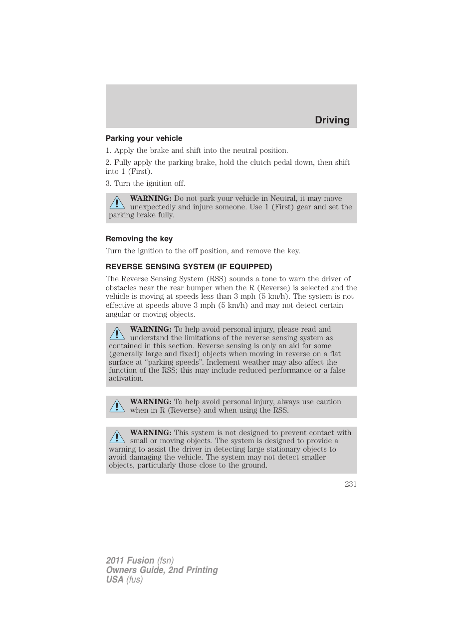 Parking your vehicle, Removing the key, Reverse sensing system (if equipped) | Reverse sensing system, Driving | FORD 2011 Fusion v.2 User Manual | Page 231 / 371