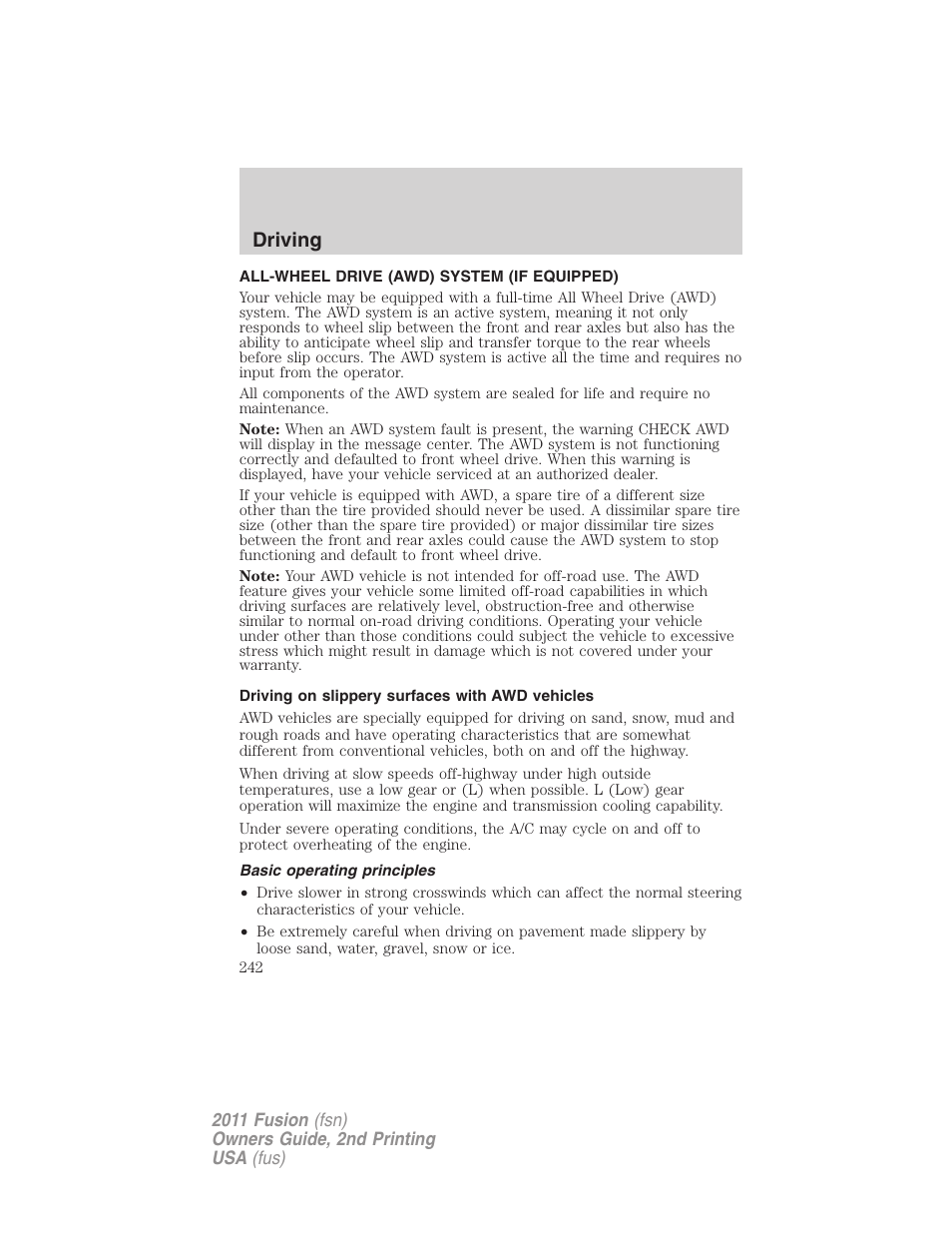 All-wheel drive (awd) system (if equipped), Driving on slippery surfaces with awd vehicles, Basic operating principles | Driving | FORD 2011 Fusion v.2 User Manual | Page 242 / 371