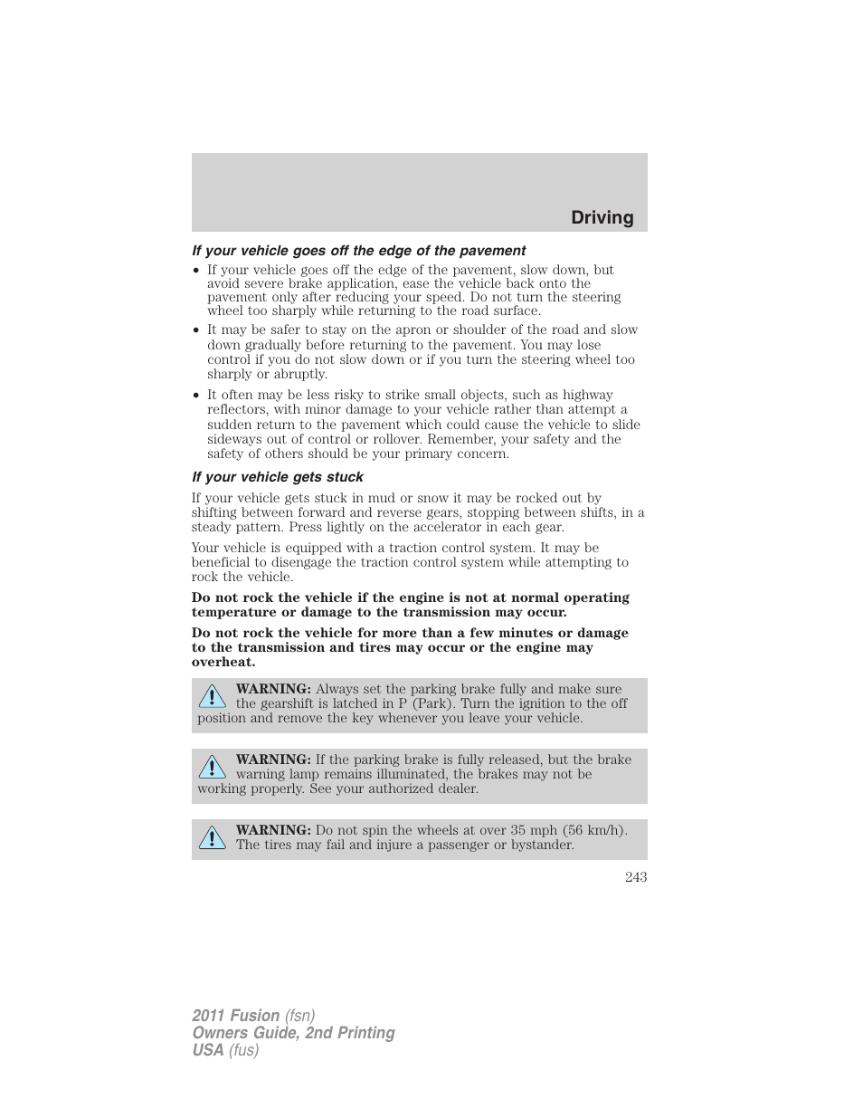 If your vehicle goes off the edge of the pavement, If your vehicle gets stuck, Driving | FORD 2011 Fusion v.2 User Manual | Page 243 / 371