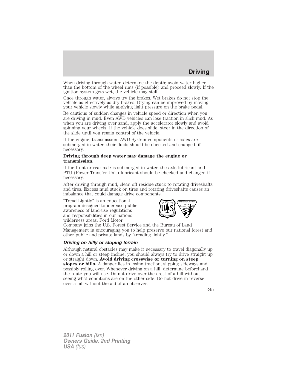 Driving on hilly or sloping terrain, Driving | FORD 2011 Fusion v.2 User Manual | Page 245 / 371