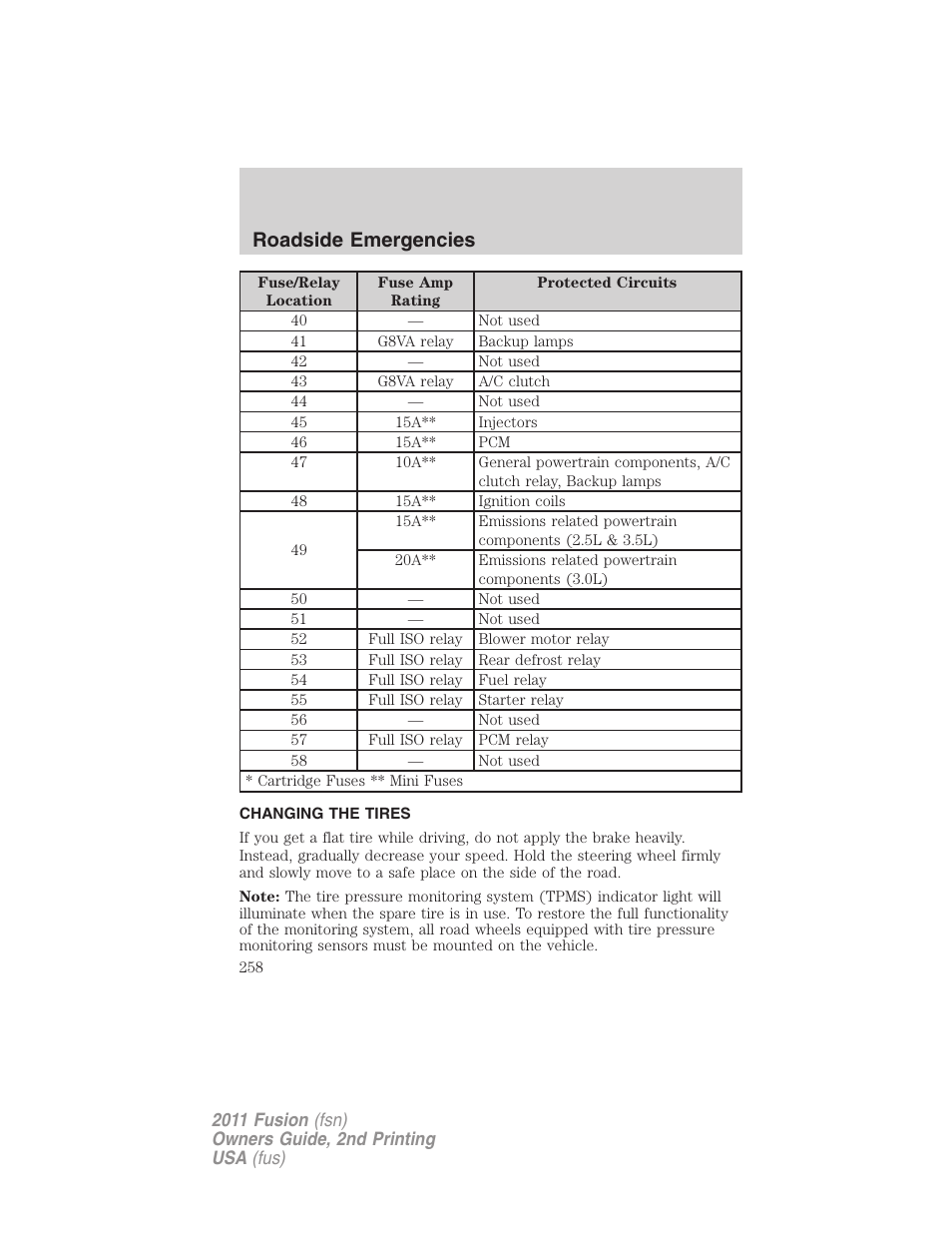 Changing the tires, Changing tires, Roadside emergencies | FORD 2011 Fusion v.2 User Manual | Page 258 / 371
