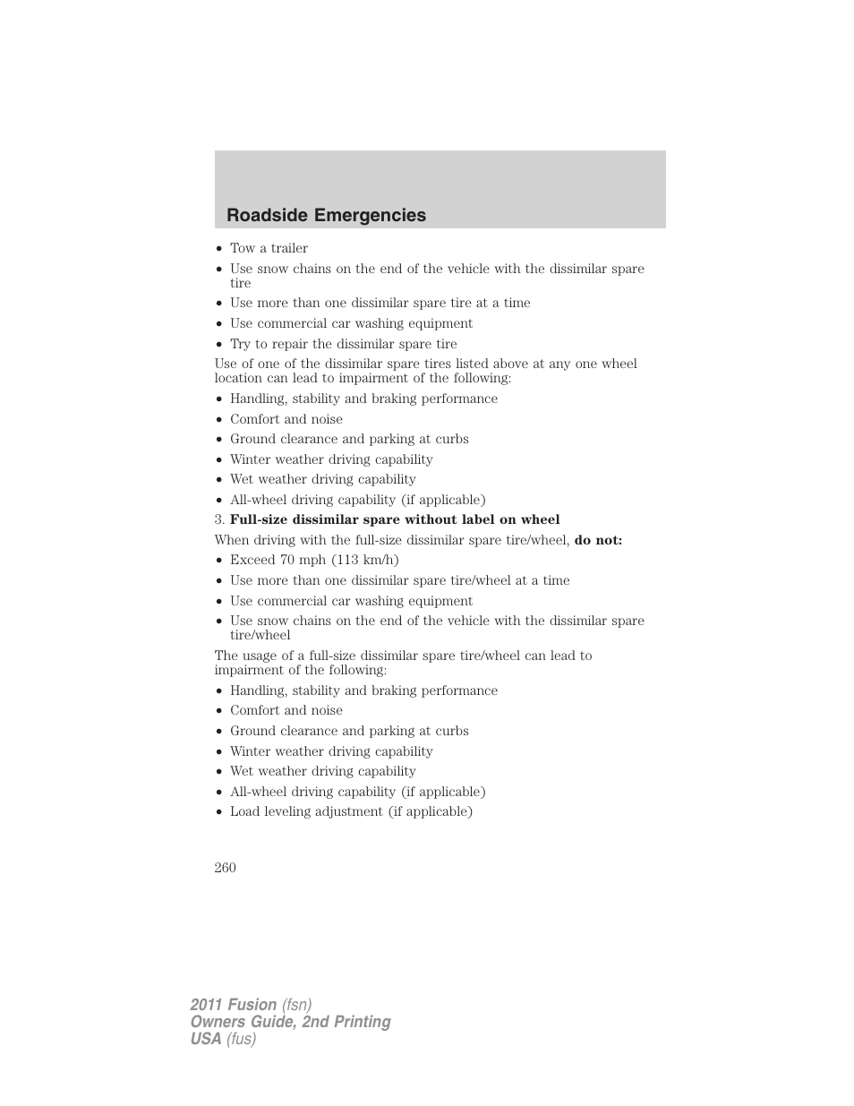 Roadside emergencies | FORD 2011 Fusion v.2 User Manual | Page 260 / 371