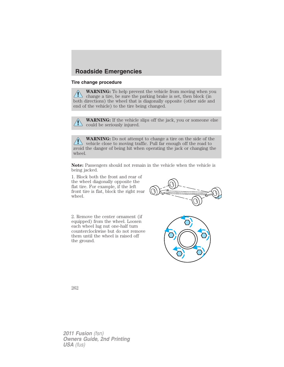 Tire change procedure, Roadside emergencies | FORD 2011 Fusion v.2 User Manual | Page 262 / 371