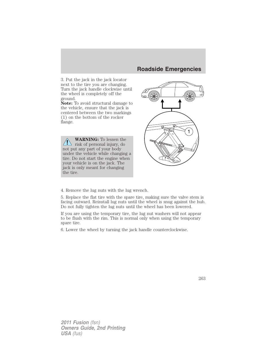 Roadside emergencies | FORD 2011 Fusion v.2 User Manual | Page 263 / 371