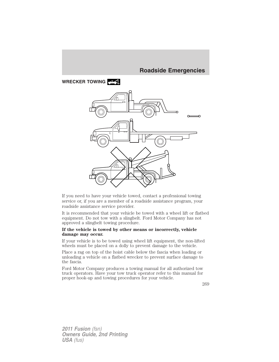 Wrecker towing, Roadside emergencies | FORD 2011 Fusion v.2 User Manual | Page 269 / 371