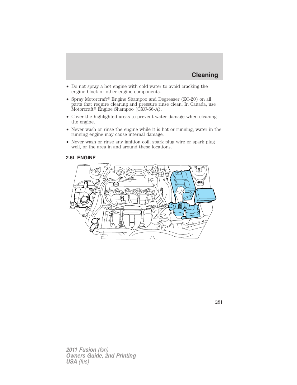 5l engine, Cleaning | FORD 2011 Fusion v.2 User Manual | Page 281 / 371