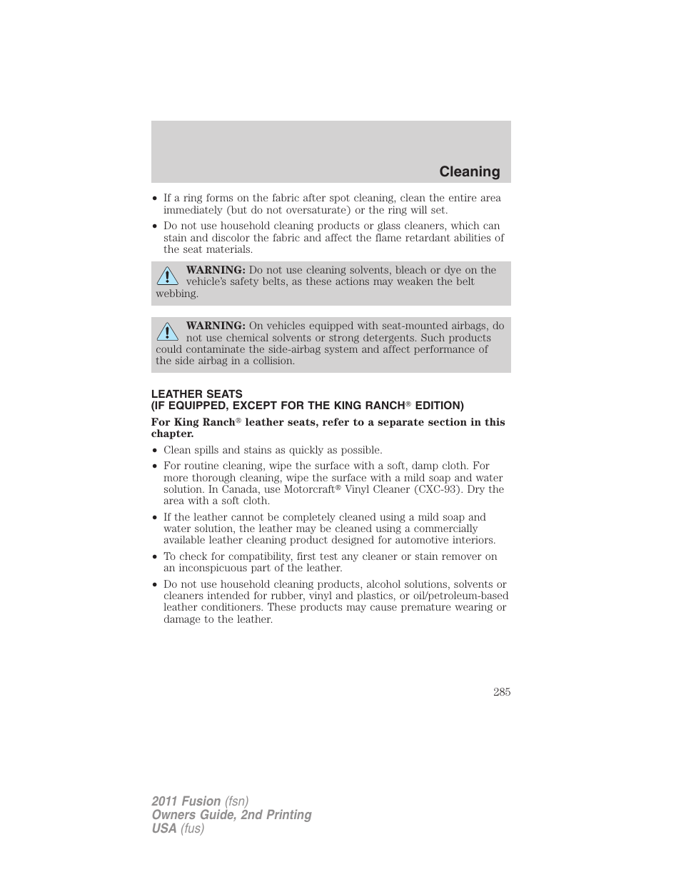 Cleaning | FORD 2011 Fusion v.2 User Manual | Page 285 / 371