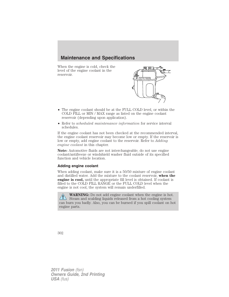 Adding engine coolant, Maintenance and specifications | FORD 2011 Fusion v.2 User Manual | Page 302 / 371