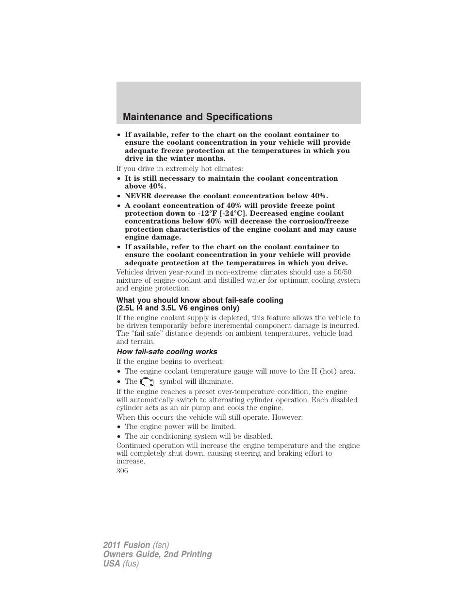 How fail-safe cooling works, Maintenance and specifications | FORD 2011 Fusion v.2 User Manual | Page 306 / 371