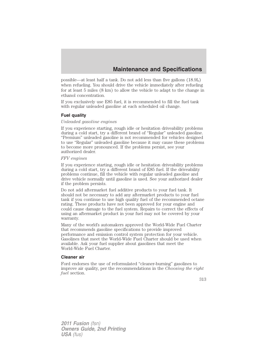 Fuel quality, Cleaner air, Maintenance and specifications | FORD 2011 Fusion v.2 User Manual | Page 313 / 371