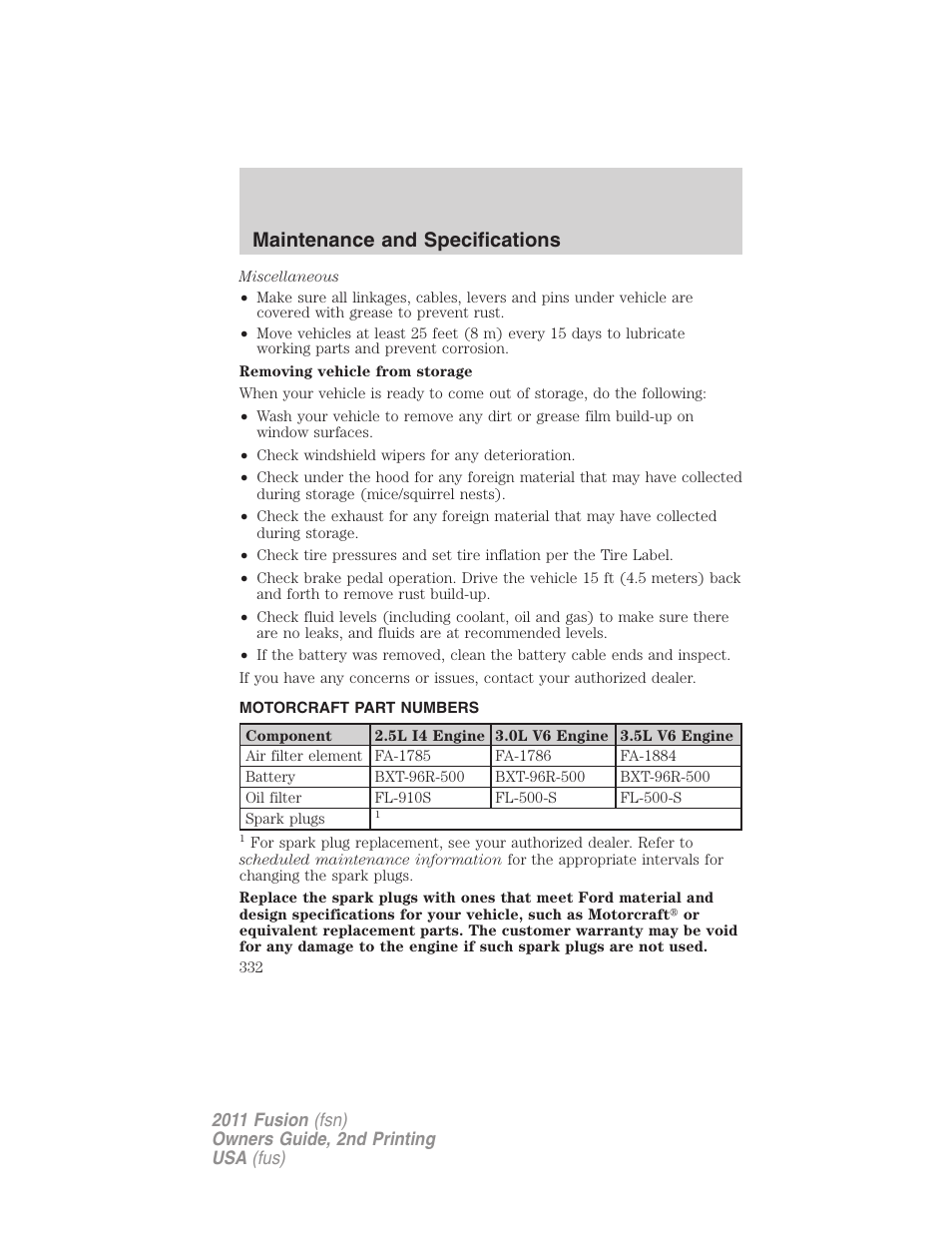 Motorcraft part numbers, Part numbers, Maintenance and specifications | FORD 2011 Fusion v.2 User Manual | Page 332 / 371