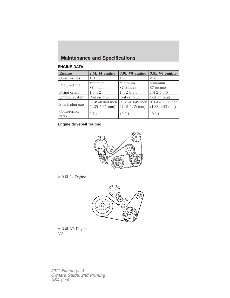 Engine data, Engine drivebelt routing, Maintenance and specifications | FORD 2011 Fusion v.2 User Manual | Page 336 / 371