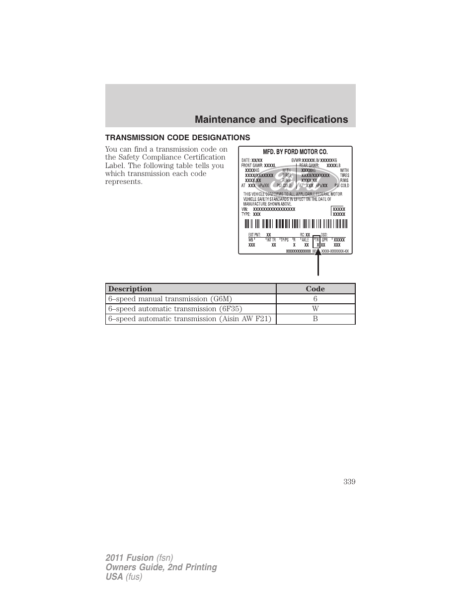 Transmission code designations, Maintenance and specifications | FORD 2011 Fusion v.2 User Manual | Page 339 / 371