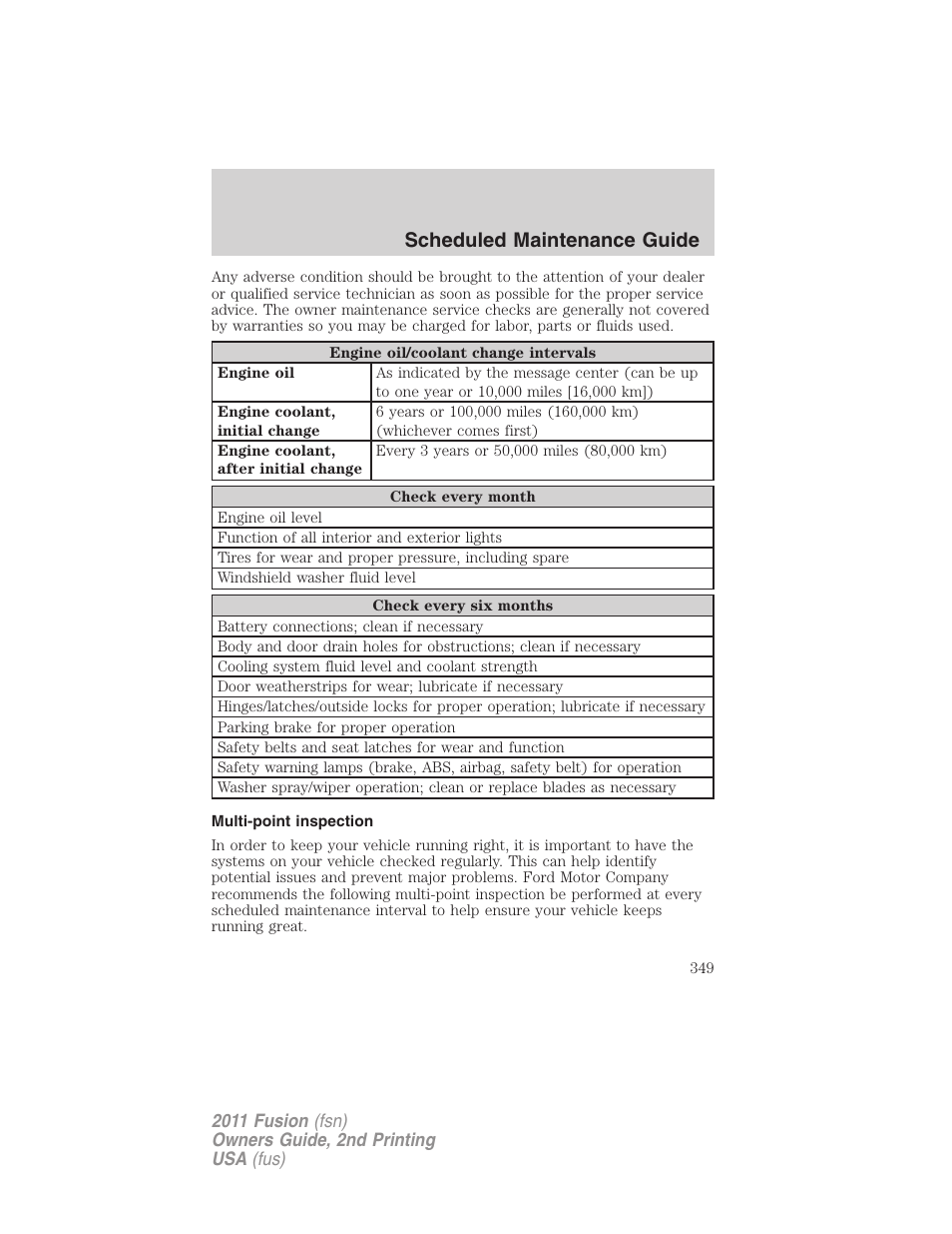 Multi-point inspection, Scheduled maintenance guide | FORD 2011 Fusion v.2 User Manual | Page 349 / 371