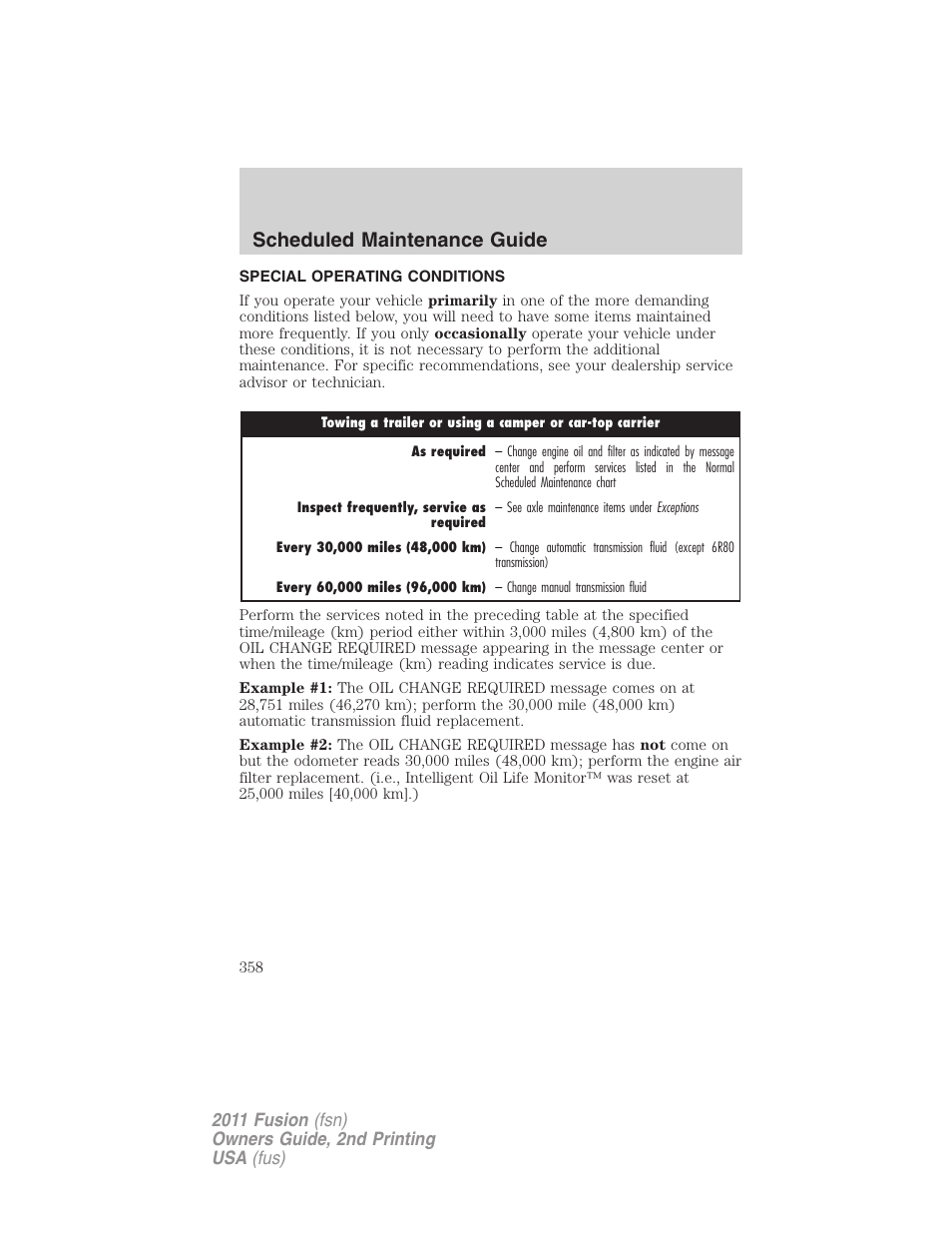 Special operating conditions, Scheduled maintenance guide | FORD 2011 Fusion v.2 User Manual | Page 358 / 371