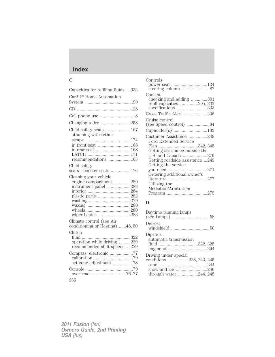 Index | FORD 2011 Fusion v.2 User Manual | Page 366 / 371