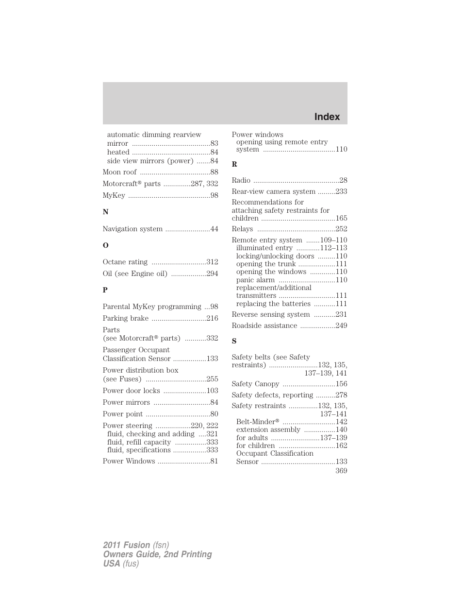 Index | FORD 2011 Fusion v.2 User Manual | Page 369 / 371