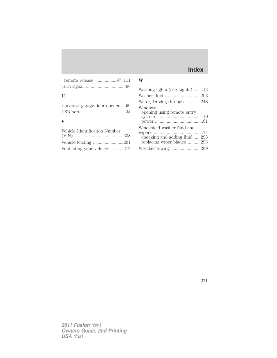 Index | FORD 2011 Fusion v.2 User Manual | Page 371 / 371