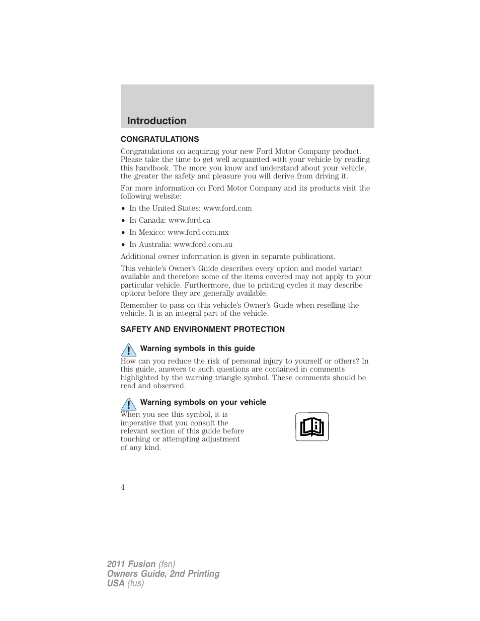 Introduction, Congratulations, Safety and environment protection | Warning symbols in this guide, Warning symbols on your vehicle | FORD 2011 Fusion v.2 User Manual | Page 4 / 371