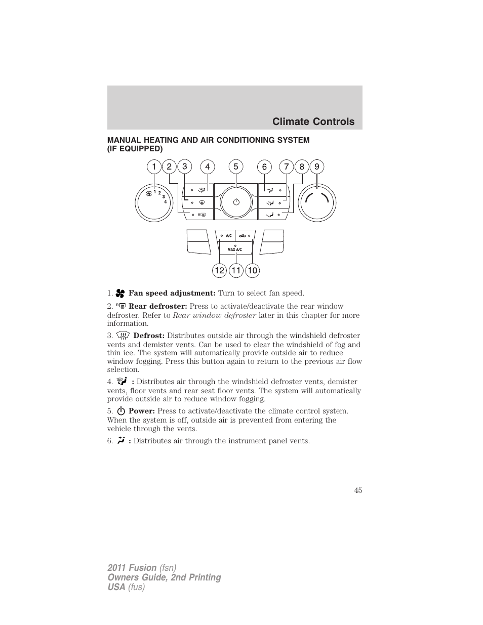 Climate controls, Manual heating and air conditioning | FORD 2011 Fusion v.2 User Manual | Page 45 / 371