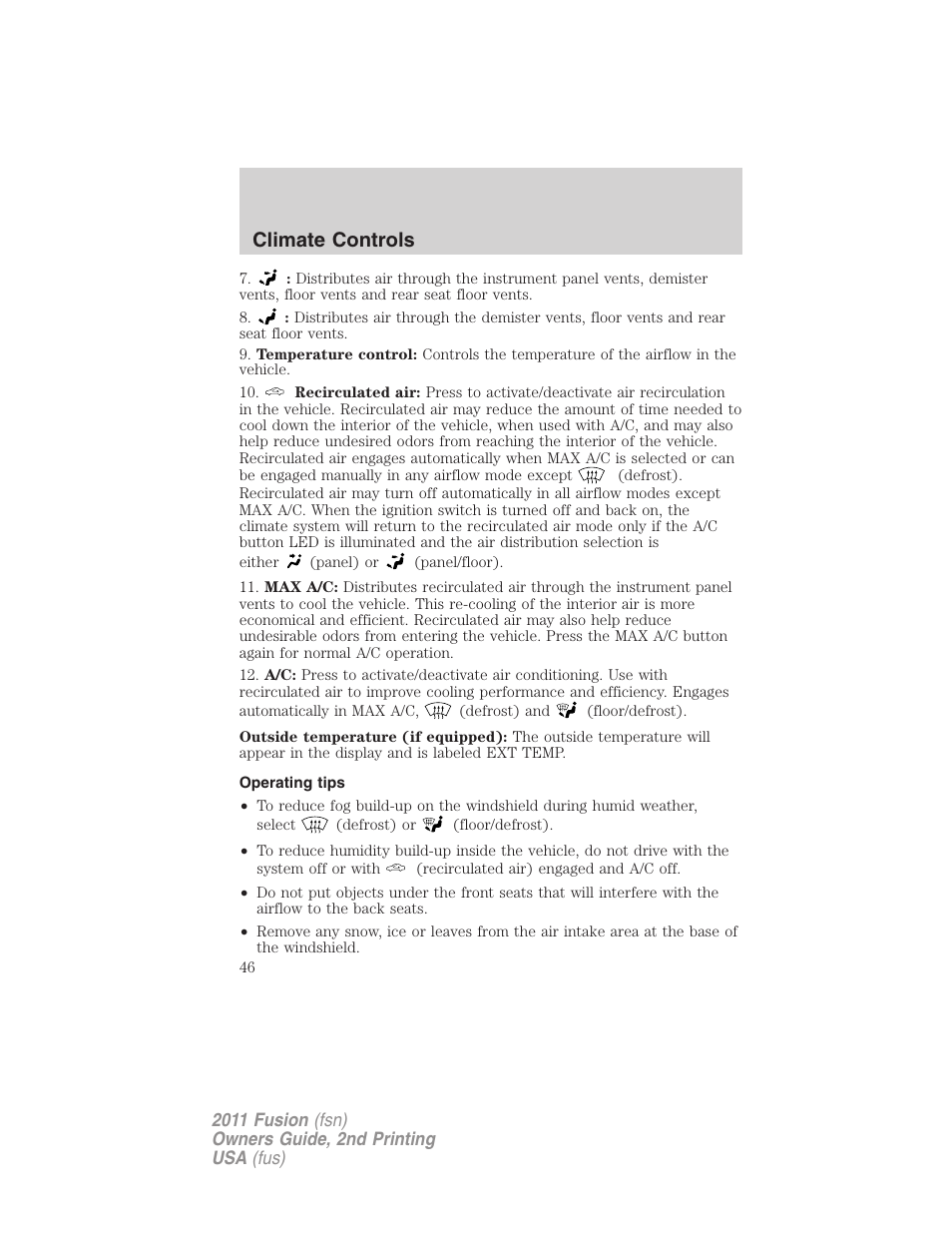Operating tips, Climate controls | FORD 2011 Fusion v.2 User Manual | Page 46 / 371