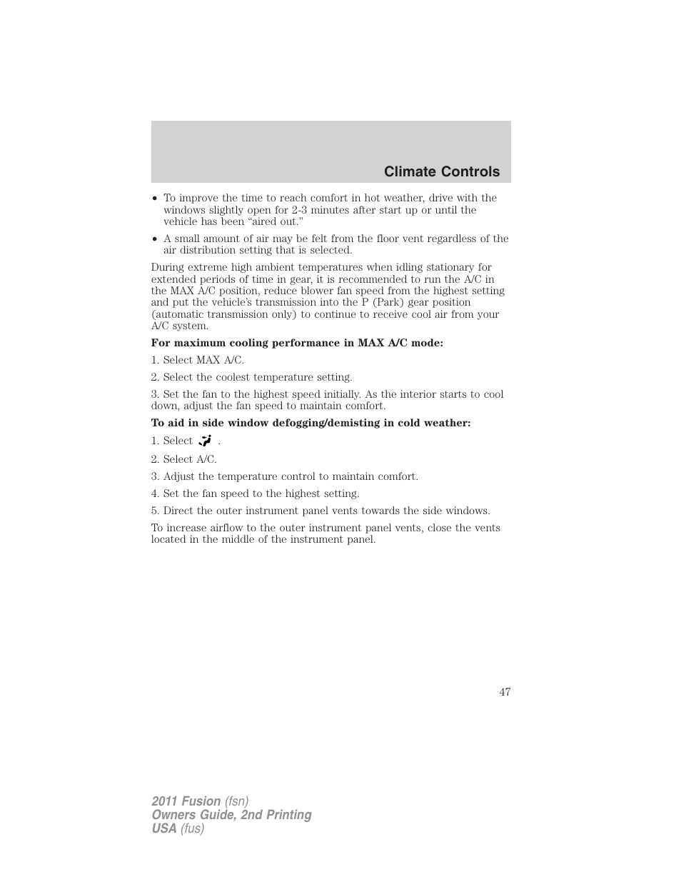 Climate controls | FORD 2011 Fusion v.2 User Manual | Page 47 / 371