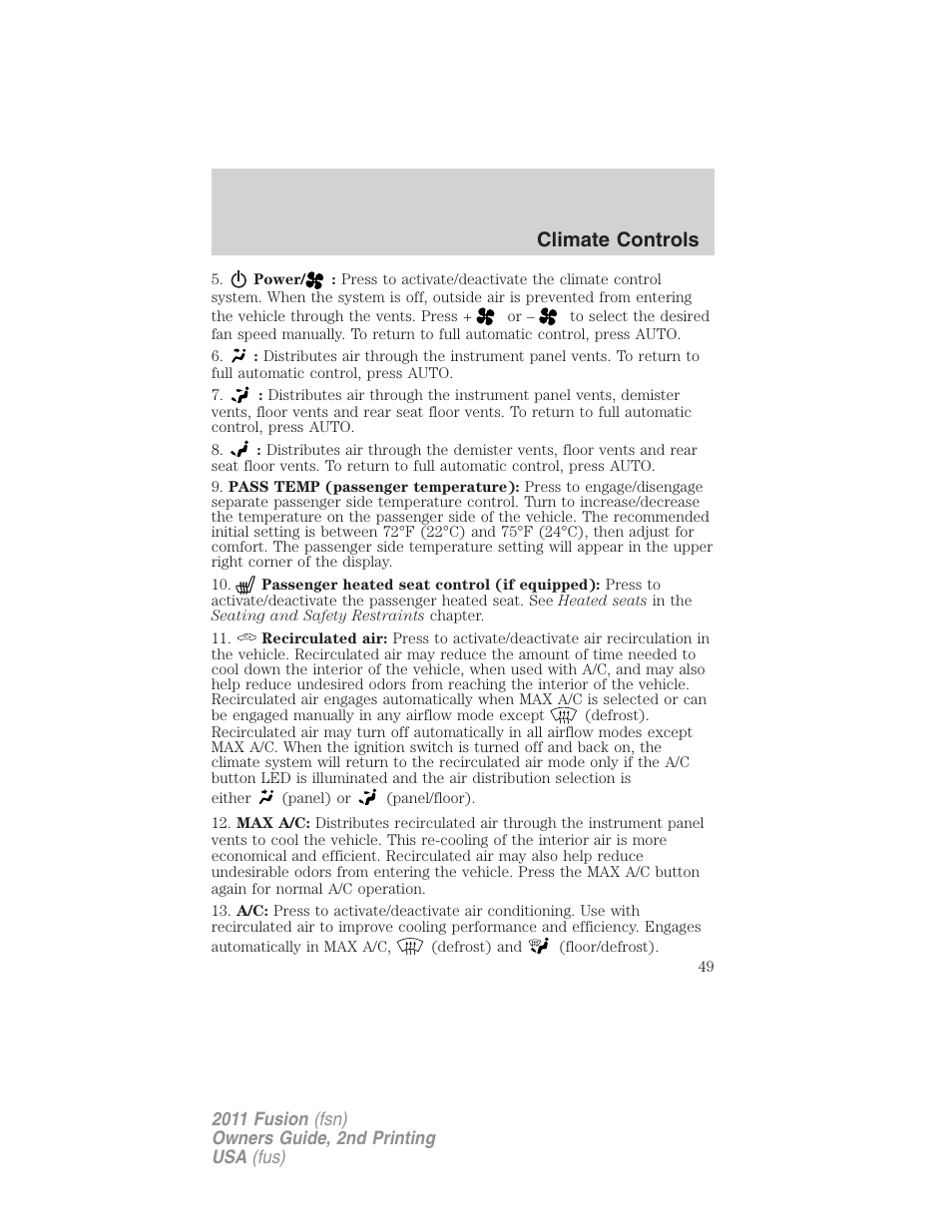 Climate controls | FORD 2011 Fusion v.2 User Manual | Page 49 / 371