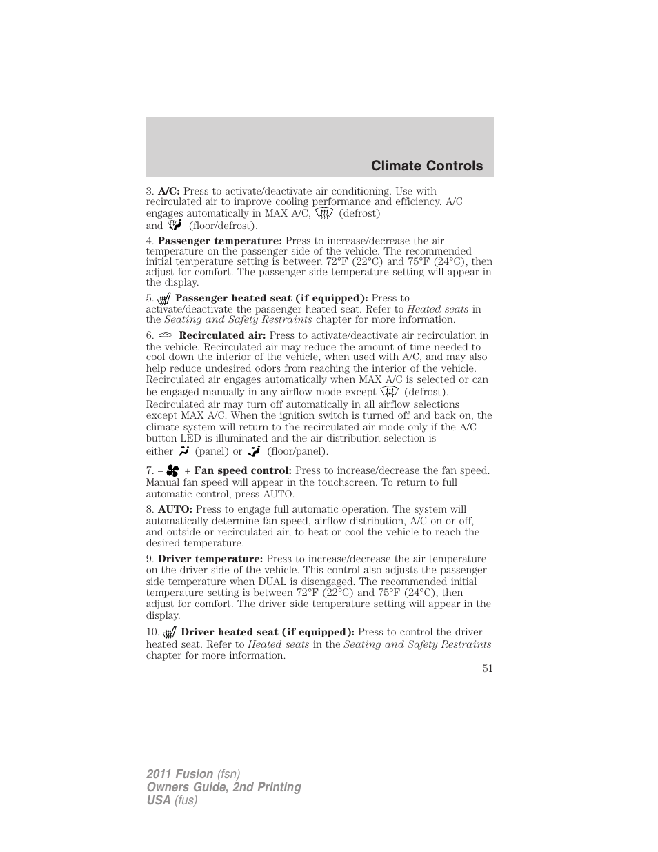 Climate controls | FORD 2011 Fusion v.2 User Manual | Page 51 / 371