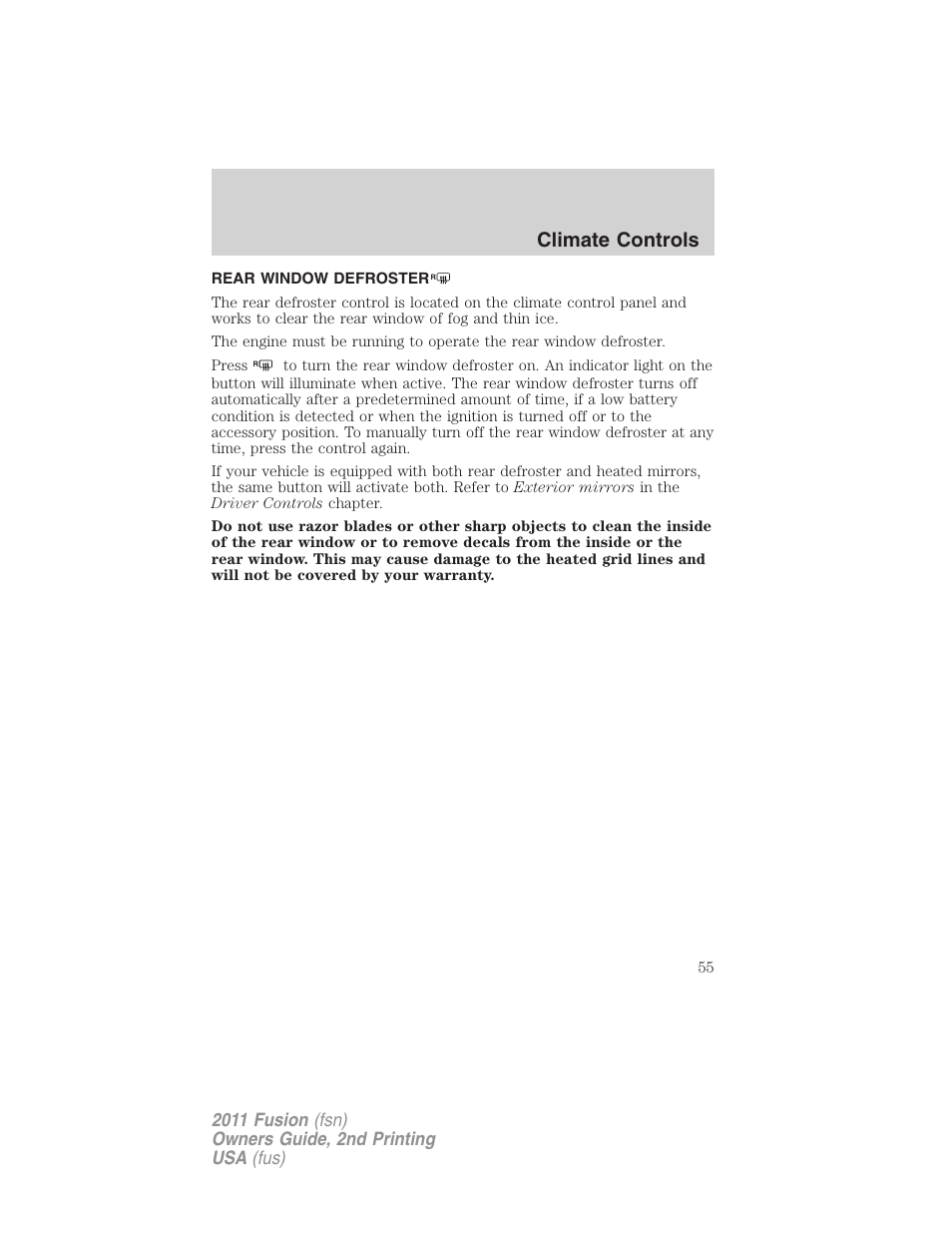 Rear window defroster, Climate controls | FORD 2011 Fusion v.2 User Manual | Page 55 / 371