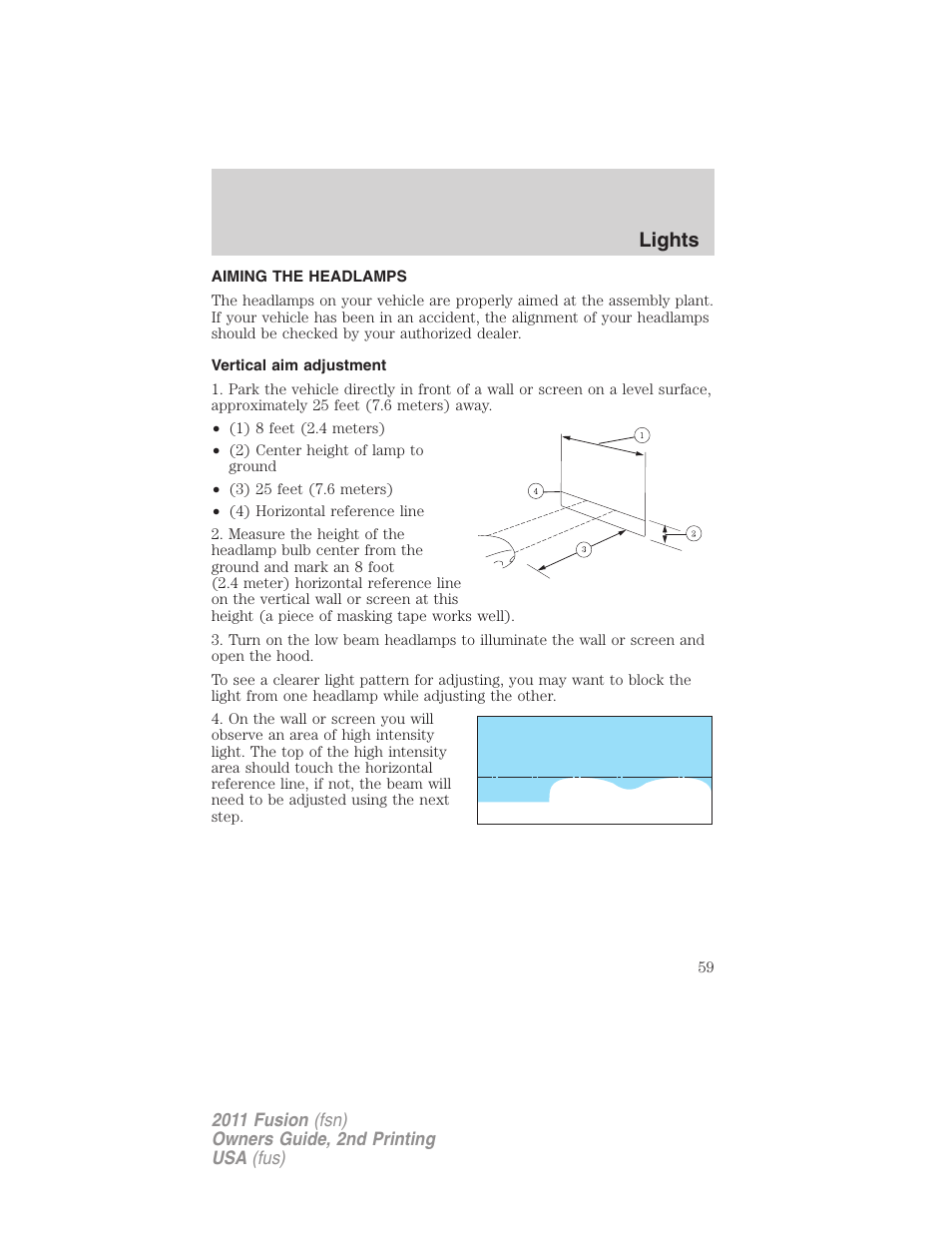 Aiming the headlamps, Vertical aim adjustment, Lights | FORD 2011 Fusion v.2 User Manual | Page 59 / 371