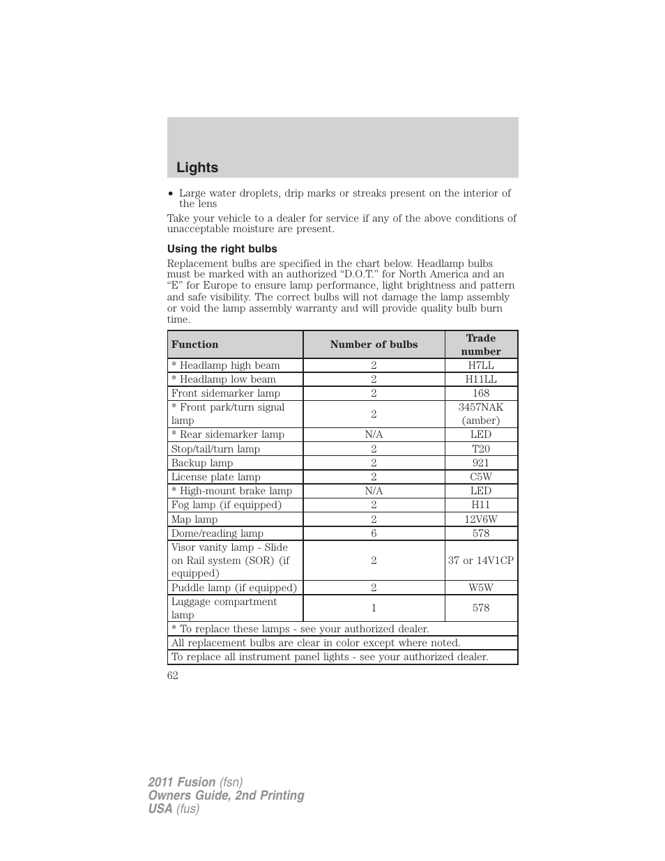Using the right bulbs, Lights | FORD 2011 Fusion v.2 User Manual | Page 62 / 371