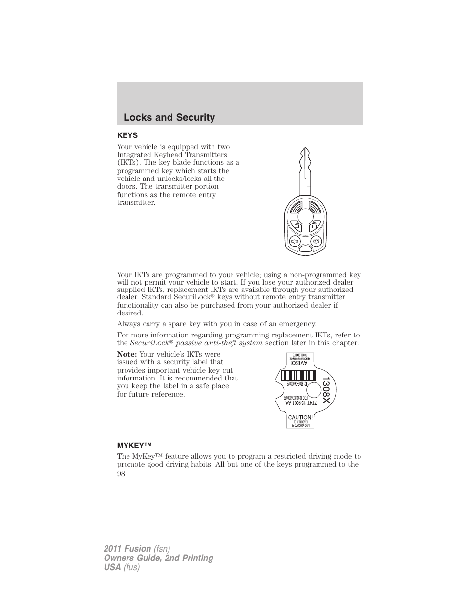 Locks and security, Keys, Mykey | FORD 2011 Fusion v.2 User Manual | Page 98 / 371