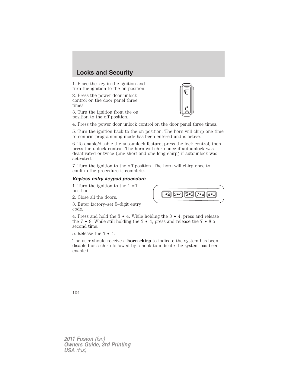 Keyless entry keypad procedure, Locks and security | FORD 2011 Fusion v.3 User Manual | Page 104 / 374