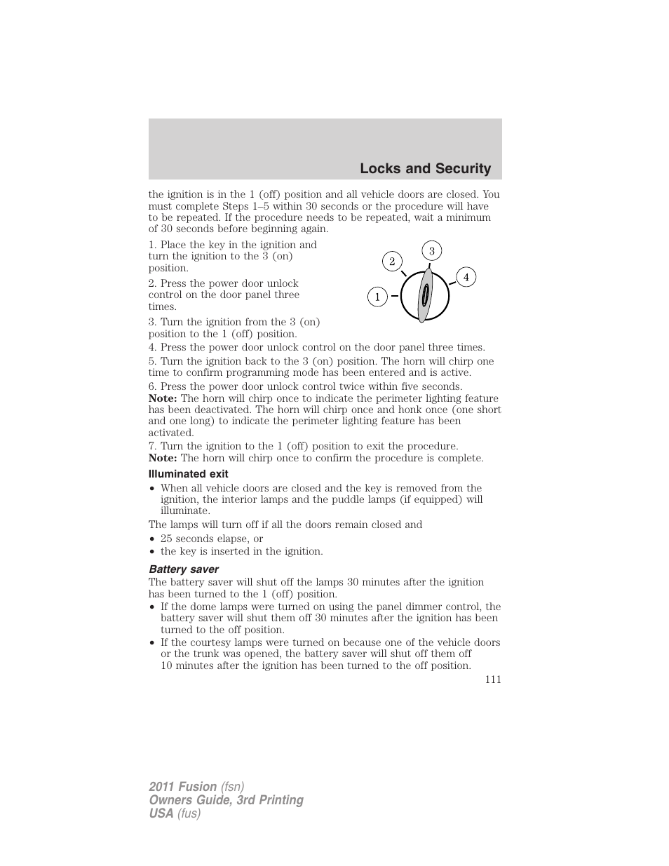 Illuminated exit, Battery saver, Locks and security | FORD 2011 Fusion v.3 User Manual | Page 111 / 374