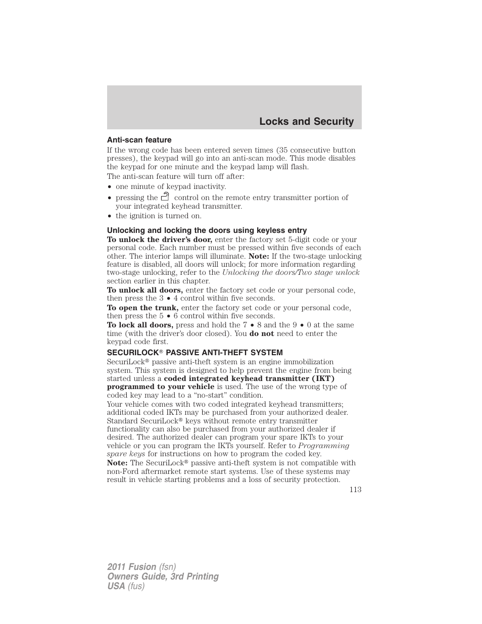 Anti-scan feature, Securilock passive anti-theft system, Anti-theft system | Locks and security | FORD 2011 Fusion v.3 User Manual | Page 113 / 374