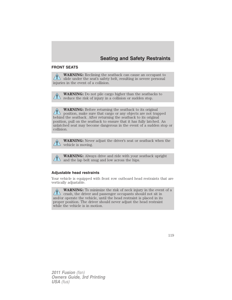 Seating and safety restraints, Front seats, Adjustable head restraints | Seating | FORD 2011 Fusion v.3 User Manual | Page 119 / 374