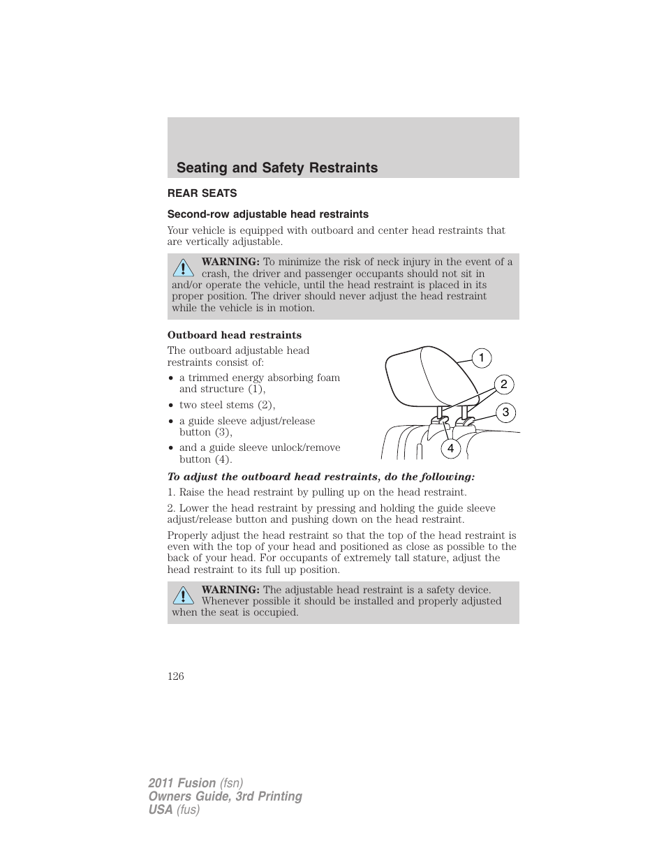 Rear seats, Second-row adjustable head restraints, Seating and safety restraints | FORD 2011 Fusion v.3 User Manual | Page 126 / 374