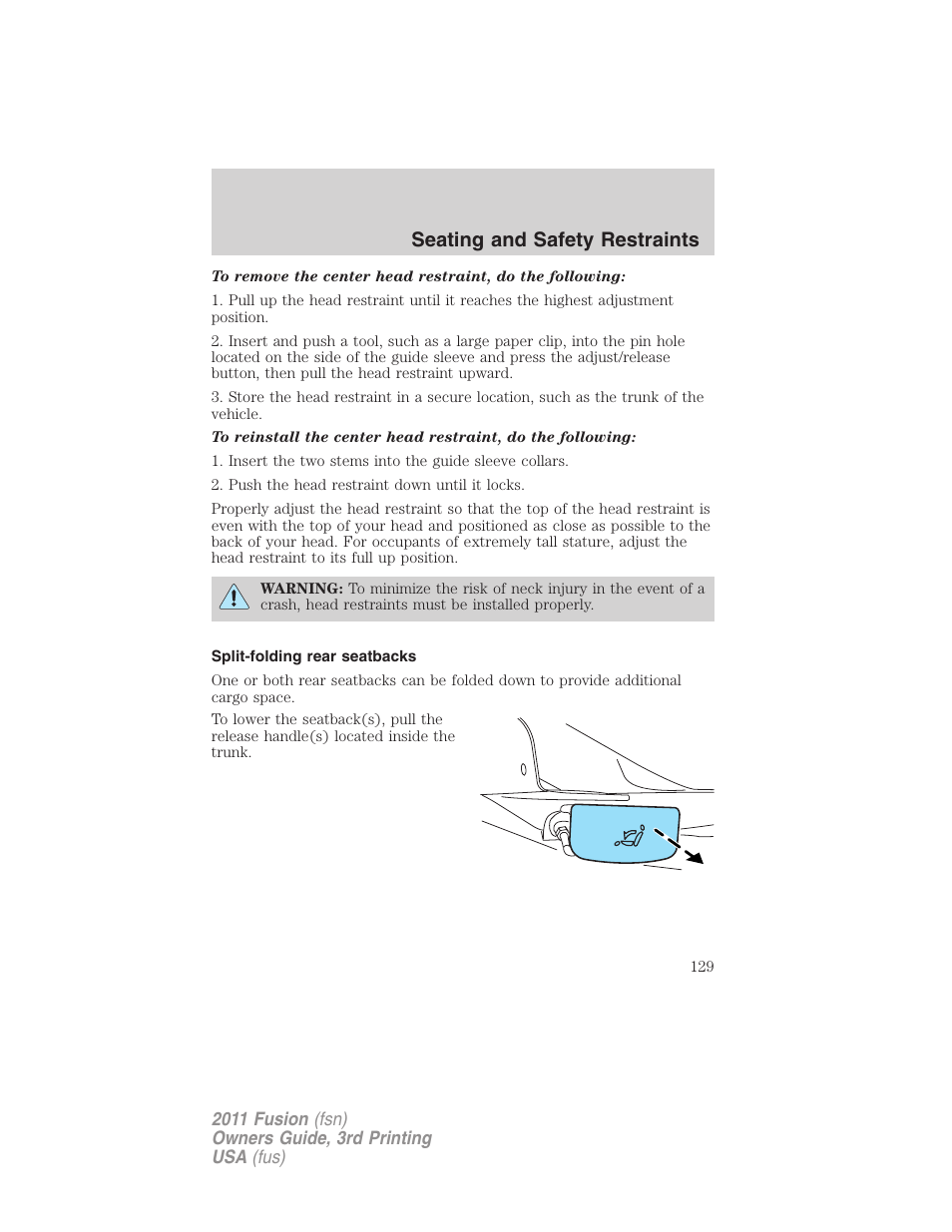 Split-folding rear seatbacks, Seating and safety restraints | FORD 2011 Fusion v.3 User Manual | Page 129 / 374