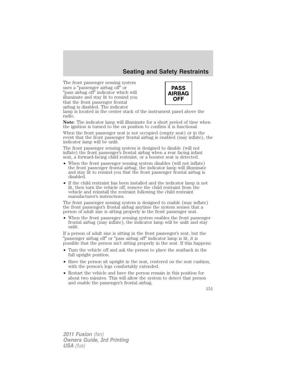 Seating and safety restraints | FORD 2011 Fusion v.3 User Manual | Page 151 / 374