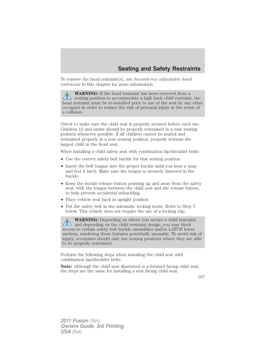 Seating and safety restraints | FORD 2011 Fusion v.3 User Manual | Page 167 / 374