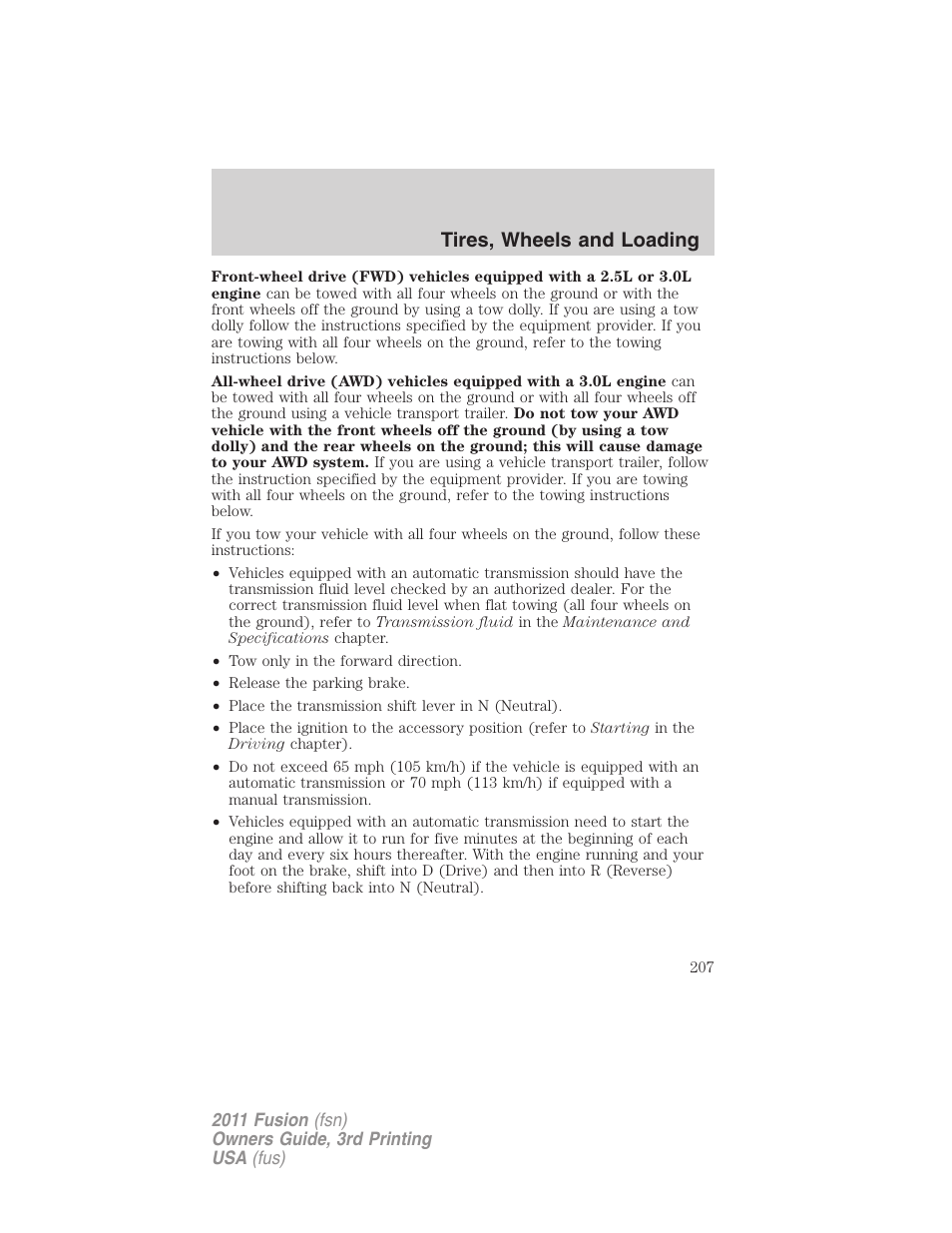 Tires, wheels and loading | FORD 2011 Fusion v.3 User Manual | Page 207 / 374