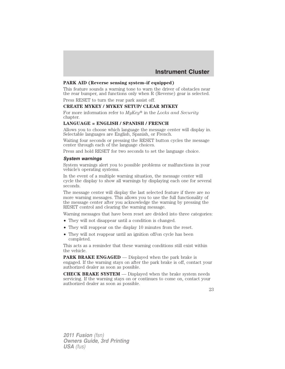 System warnings, Instrument cluster | FORD 2011 Fusion v.3 User Manual | Page 23 / 374