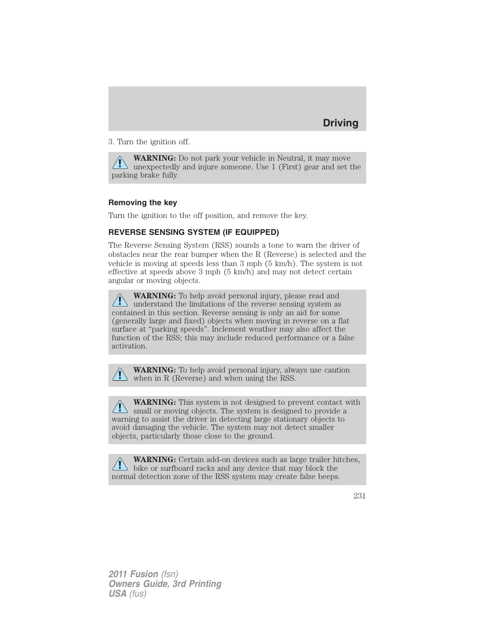Removing the key, Reverse sensing system (if equipped), Reverse sensing system | Driving | FORD 2011 Fusion v.3 User Manual | Page 231 / 374